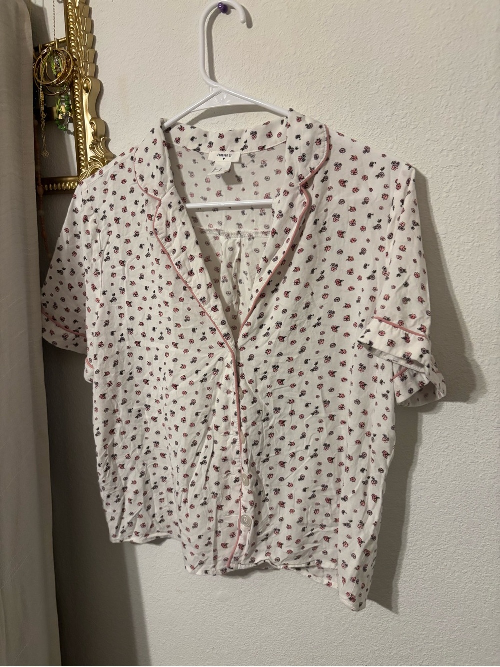 Forever 21 White Button-Up Top with pink Floral Piping
